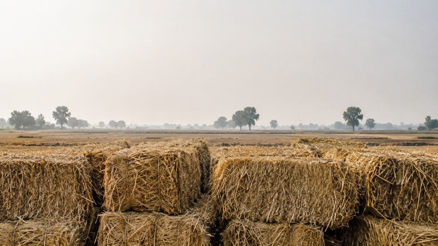 Close view of stacked paddy-straw bales in the foreground beneath a wide, pale hazy sky over flat harvested fields