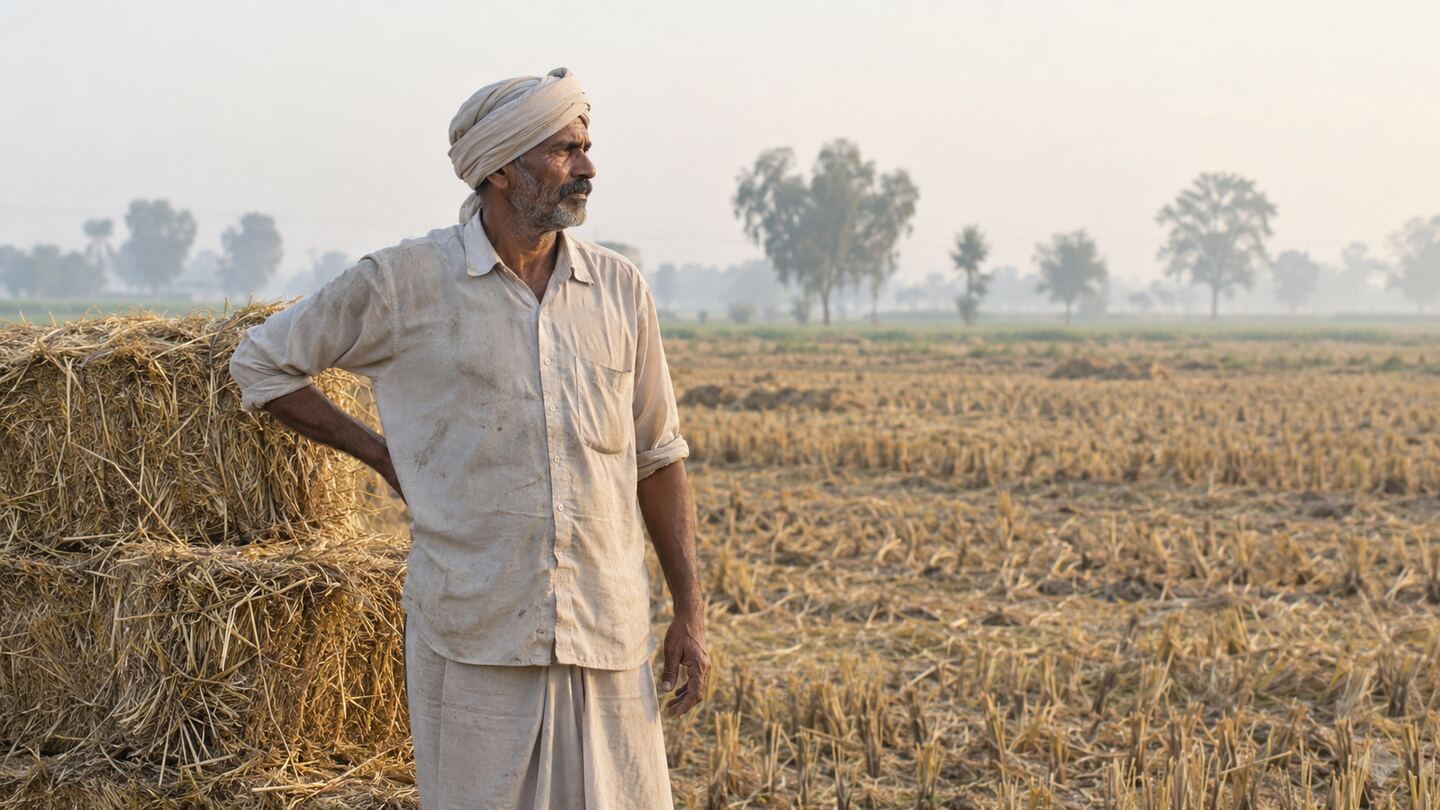 Documentary portrait of a north Indian farmer in a turban standing beside straw bales in a harvested field