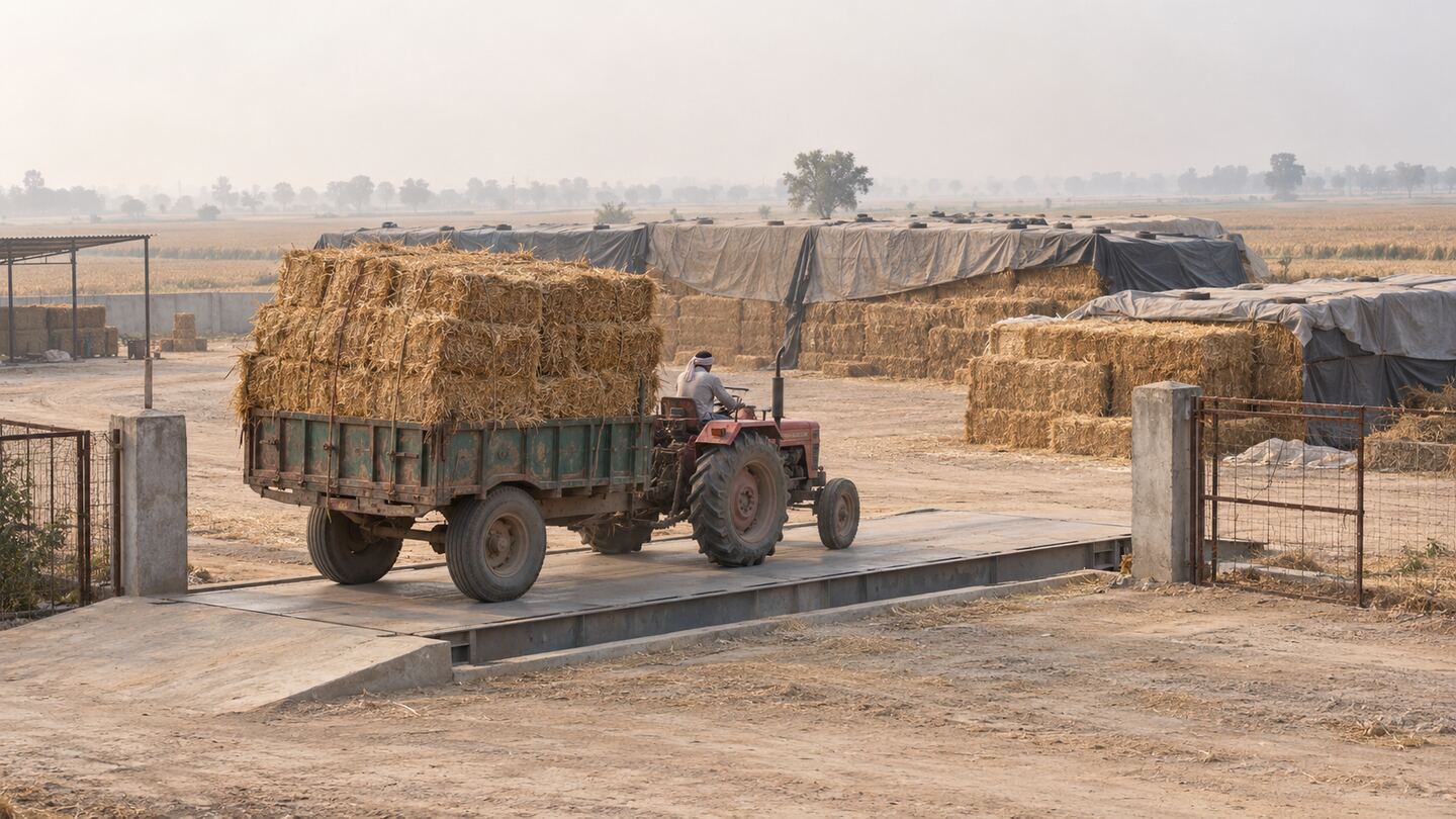 A rural biomass yard with tarpaulin-covered stacks of straw bales and a loaded tractor-trolley crossing a weighbridge platform at the gate