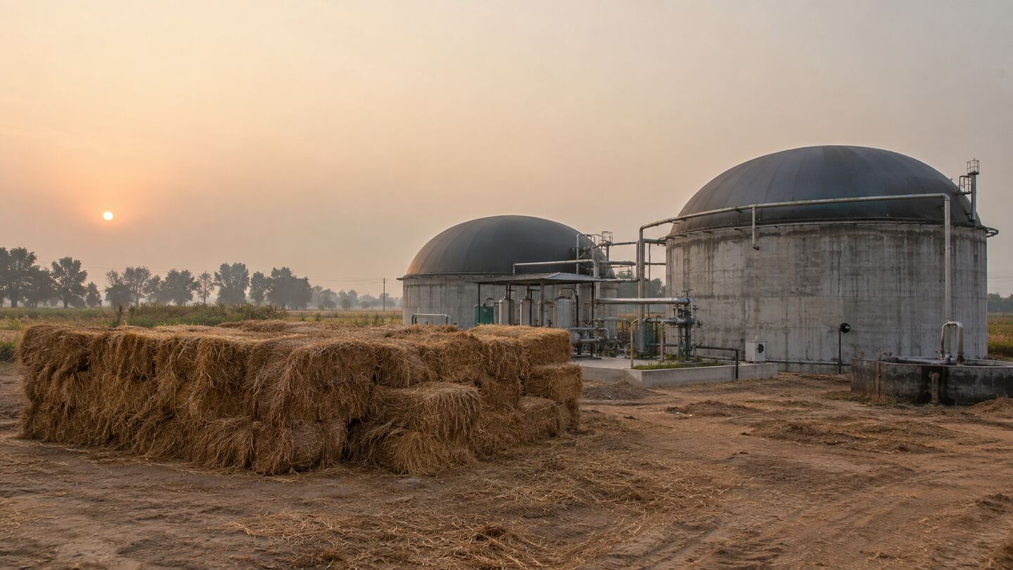 A rural compressed biogas plant with two digester tanks and gas-membrane domes, pipework and a straw-bale store beside farmland at dusk