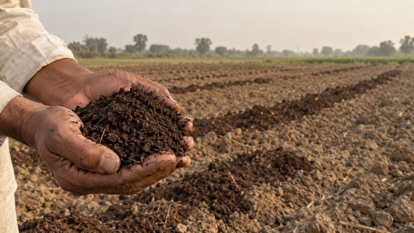 A farmer's cupped hands holding dark, crumbly organic manure above a tilled field with more manure spread in rows