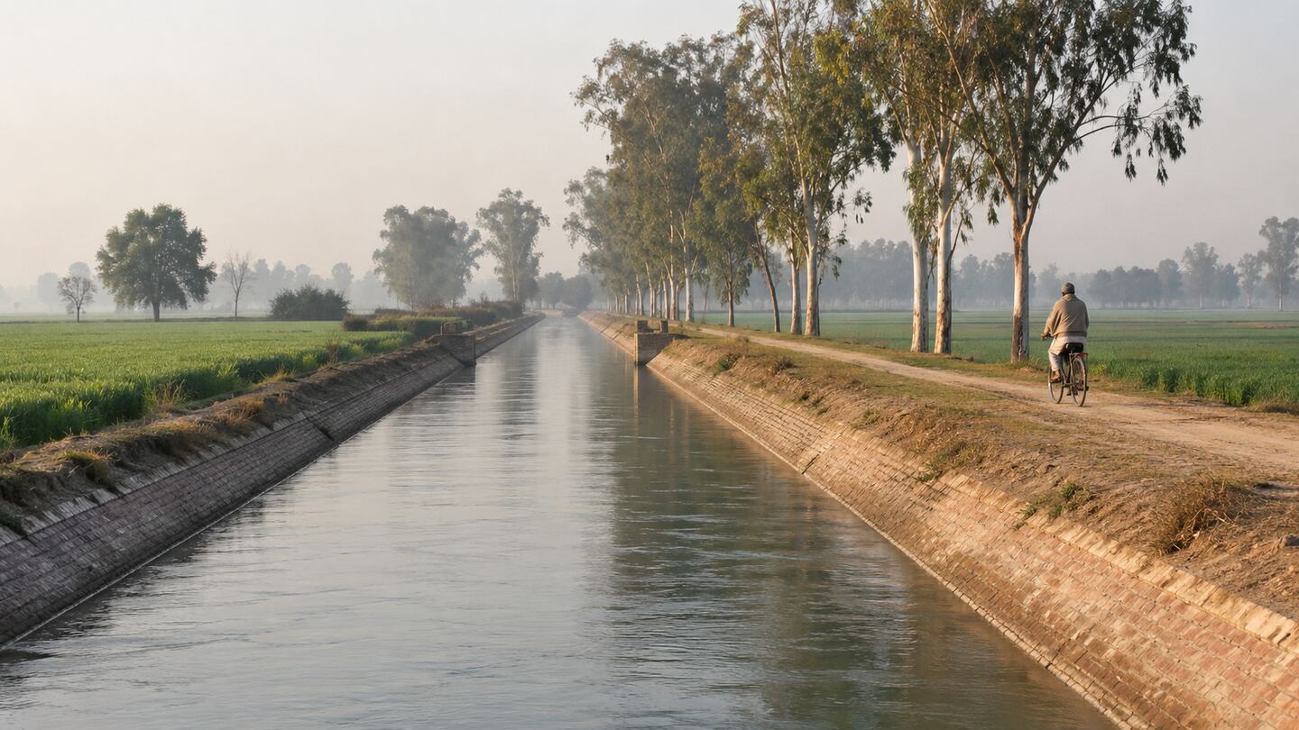 A brick-lined irrigation canal between young wheat fields in Haryana, with a line of eucalyptus trees and a cyclist on the canal track