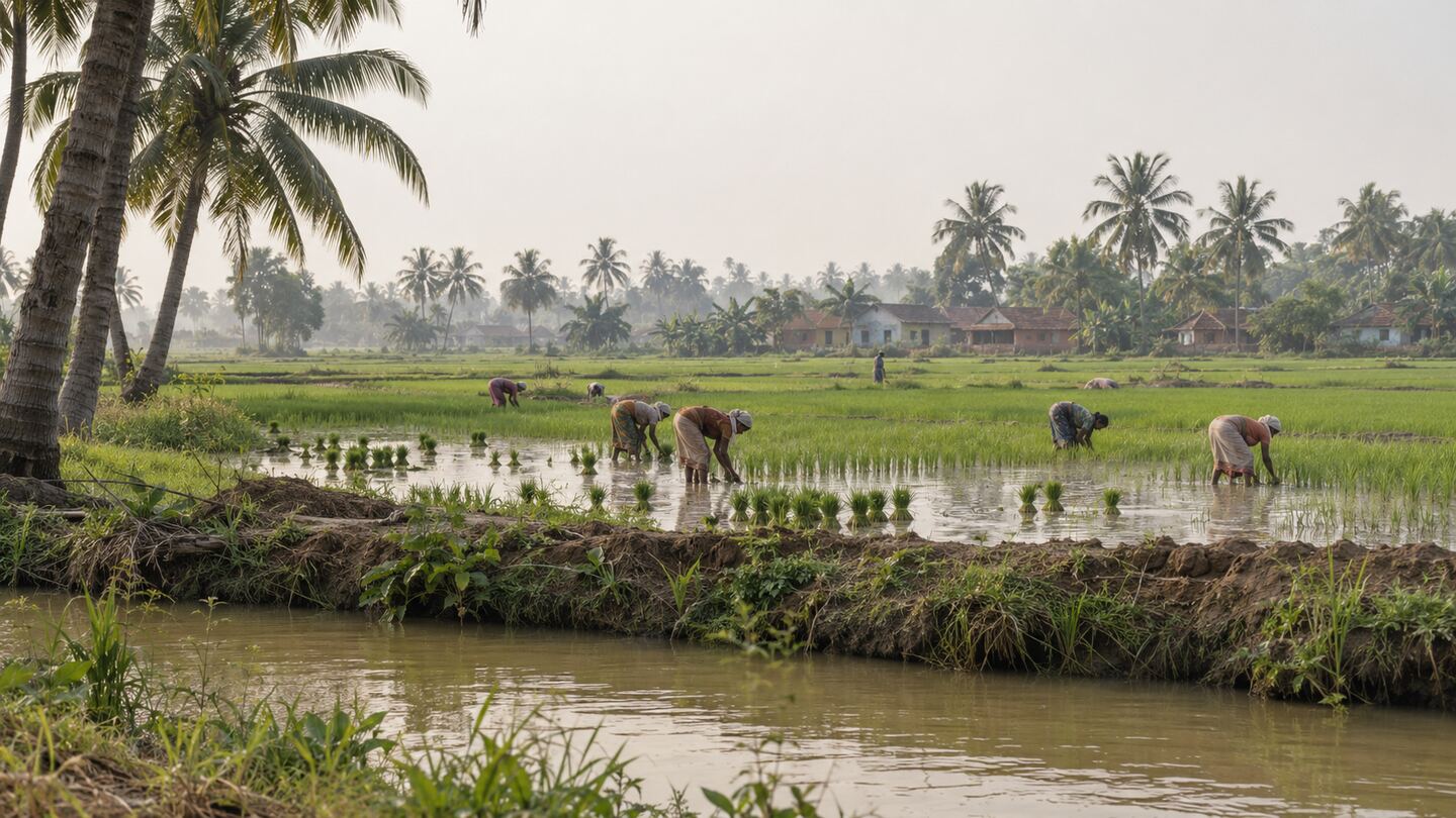 Women transplanting rice in flooded paddy fields lined with coconut palms in the Godavari delta of Andhra Pradesh, with a tiled-roof hamlet beyond