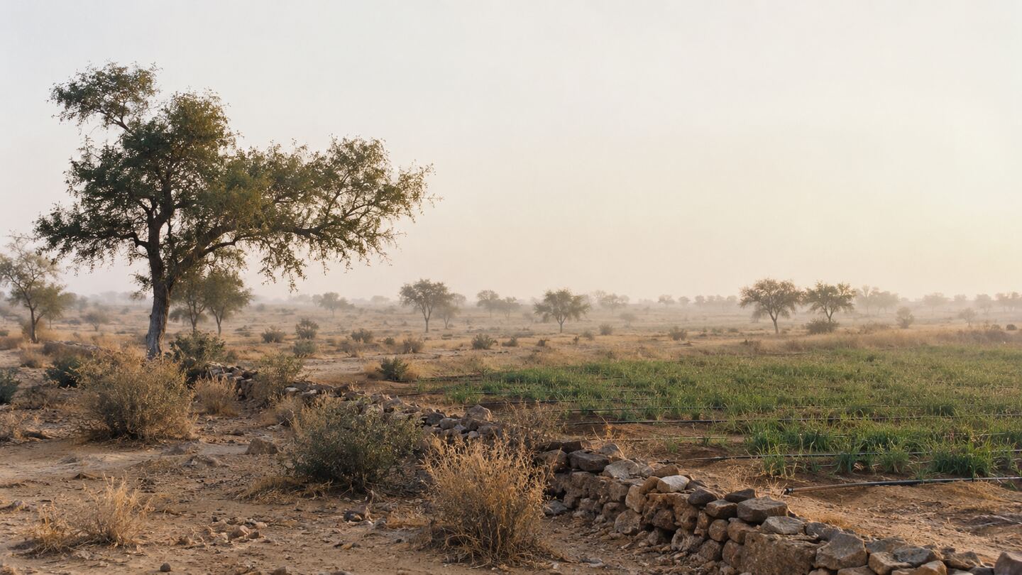 Semi-arid marginal land in western India with scrub, khejri-type trees, a stone field boundary and a small drip-irrigated grass trial plot