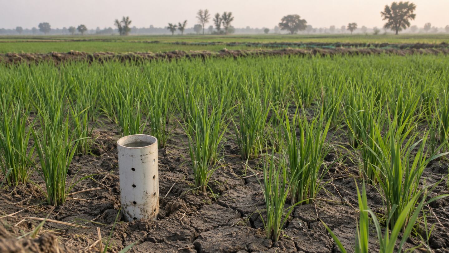 A perforated plastic field water tube standing in a drained paddy field, used to monitor water levels for alternate wetting and drying