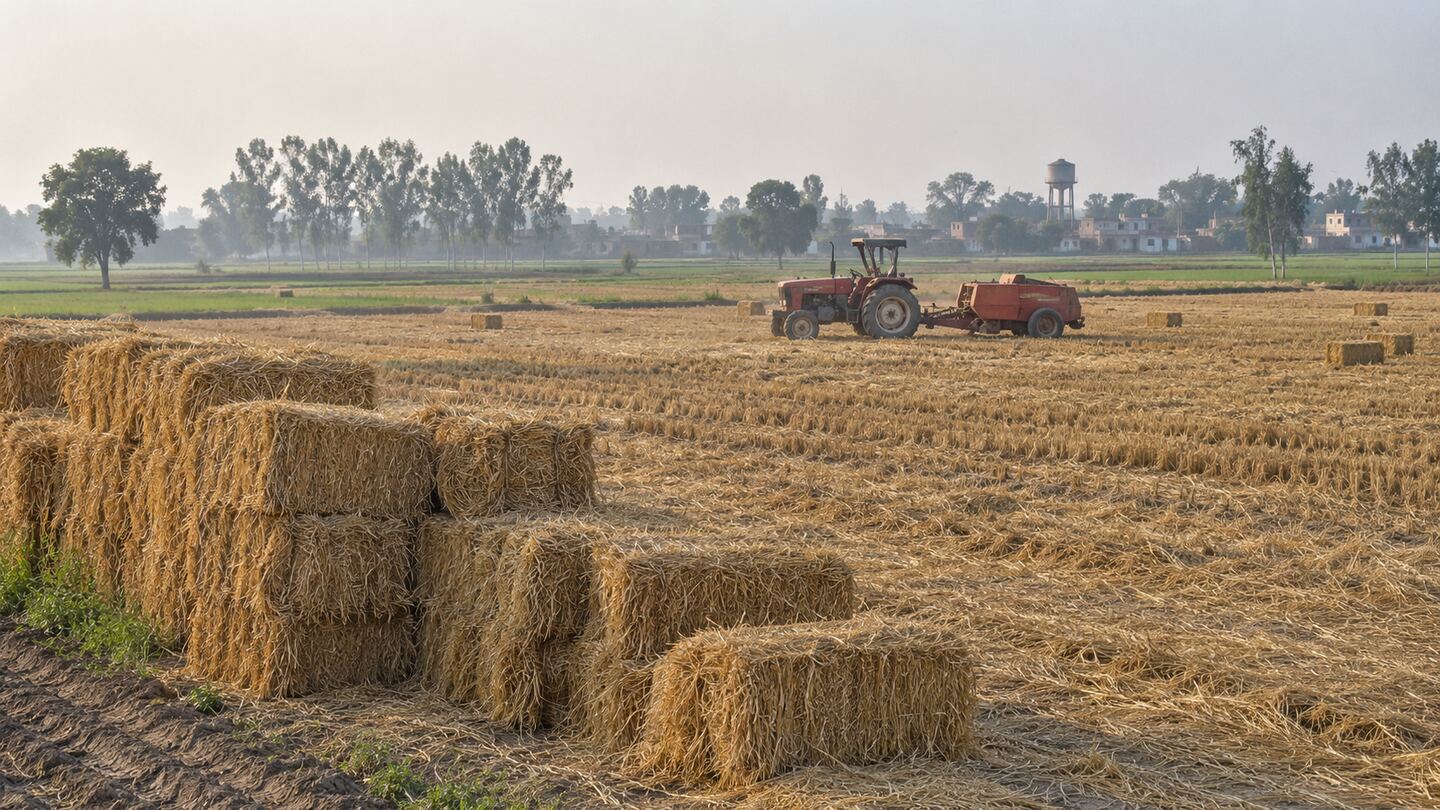 Harvested paddy field in Haryana with stacked straw bales and a tractor with a baler